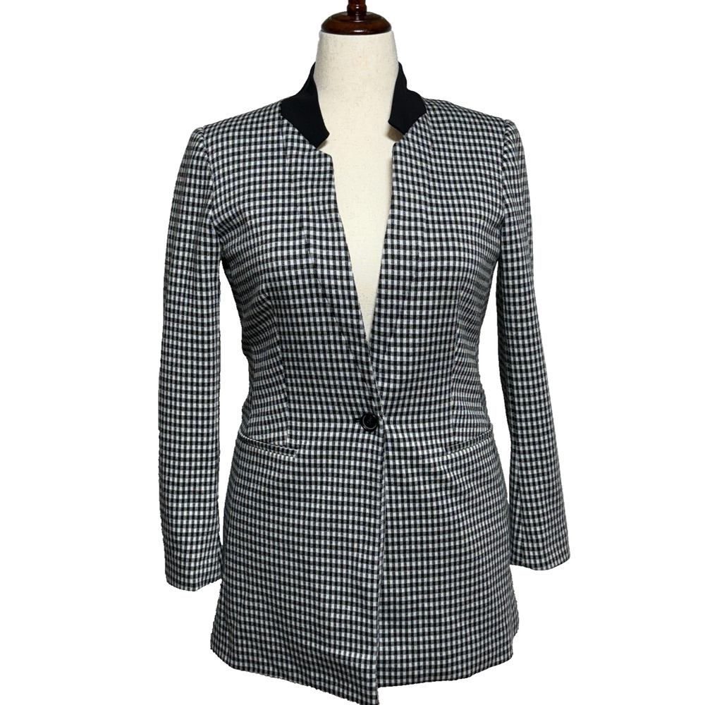 Bar III Blazer Womens 10 Black White Gingham Plaid One Button Career Jacket